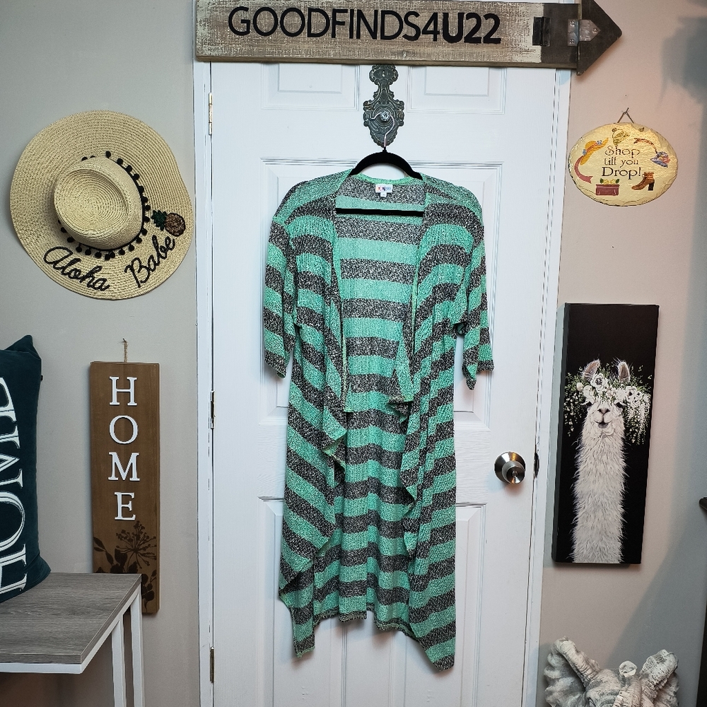 LULAROE Open Style 3/4 Sleeves Green Striped Cardigan Knit Sweater Womens Size S
